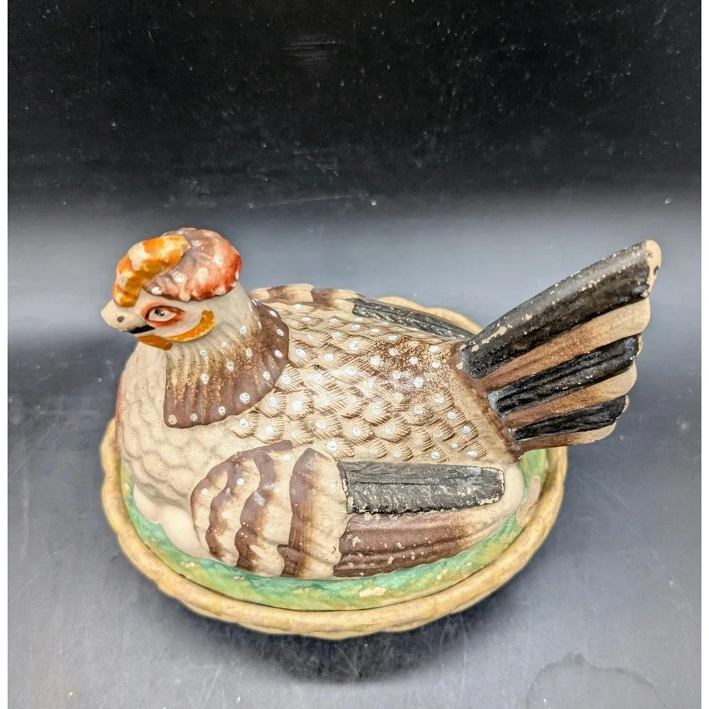 Antique Staffordshire Ceramic Hen on Nest Covered Dish Hand Painted As Is 6